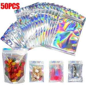 50pcs Laser Rainbow Storage Bags Waterproof Lock Bags for Jewelry Gifts Food Packing Bags Home Kitchen Organizer Makeup Holders